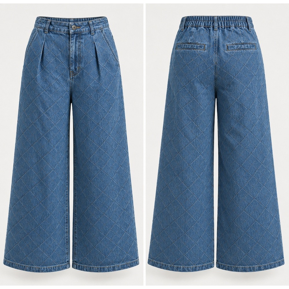 Wide Leg Denim Quilted Pants Women M NEW Diamond Stitch Coastal Grandma Boho
